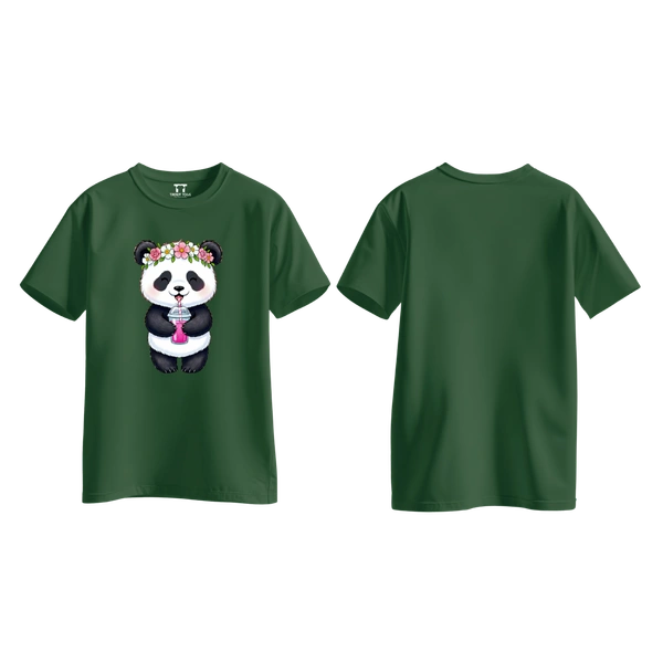 Trendy Togs Cute Floral Panda Bubble Drink Cotton T-shirt For Girls - L, Forest Green