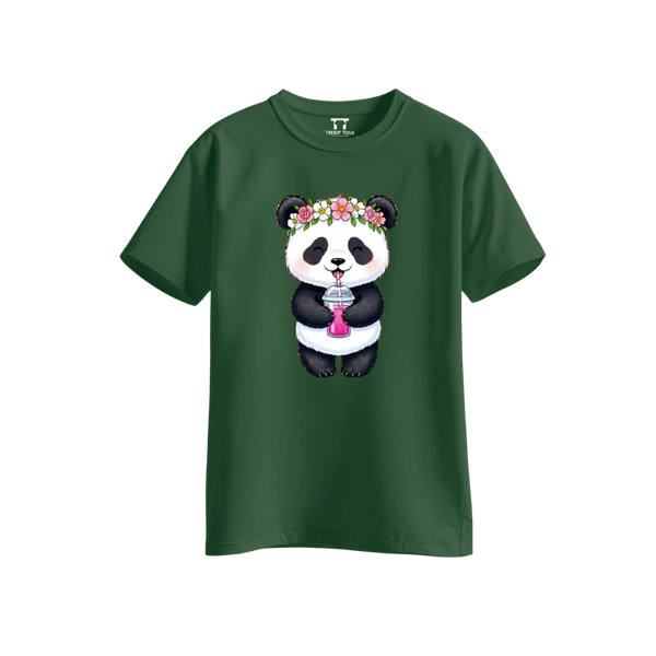 Trendy Togs Cute Floral Panda Bubble Drink Cotton T-shirt For Girls - L, Forest Green