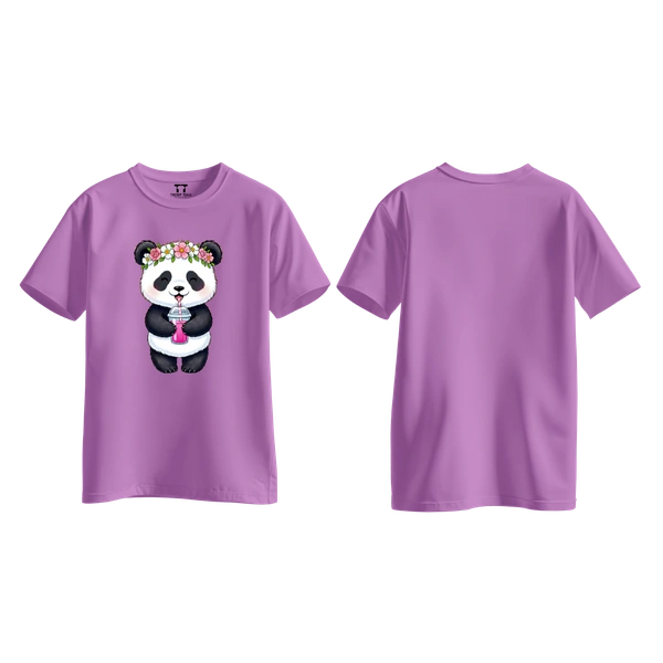 Trendy Togs Cute Floral Panda Bubble Drink Cotton T-shirt For Girls - S, Purple