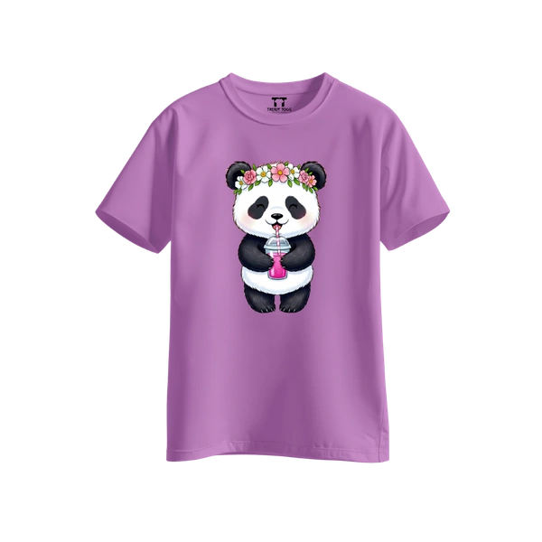 Trendy Togs Cute Floral Panda Bubble Drink Cotton T-shirt For Girls - S, Purple
