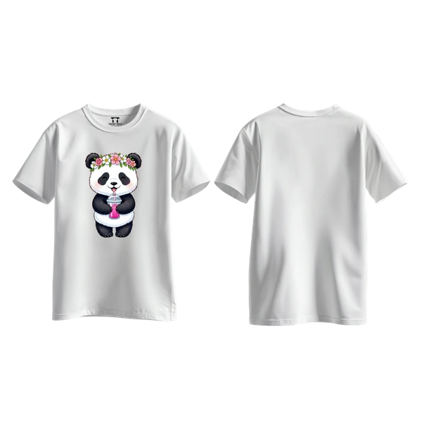 Trendy Togs Cute Floral Panda Bubble Drink Cotton T-shirt For Girls - XS, White