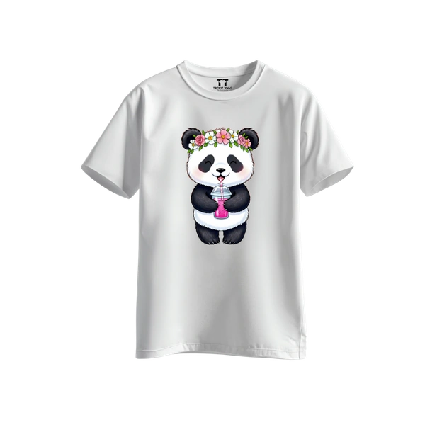 Trendy Togs Cute Floral Panda Bubble Drink Cotton T-shirt For Girls - XS, White