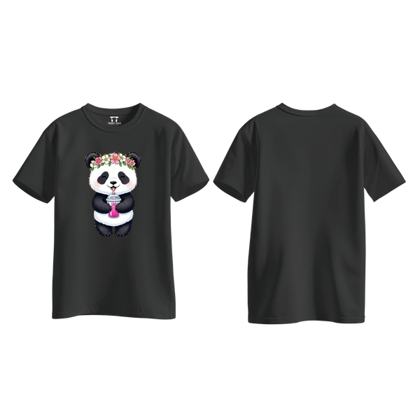 Trendy Togs Cute Floral Panda Bubble Drink Cotton T-shirt For Girls - XS, Black