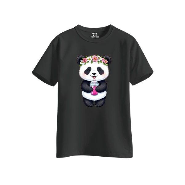 Trendy Togs Cute Floral Panda Bubble Drink Cotton T-shirt For Girls - XS, Black