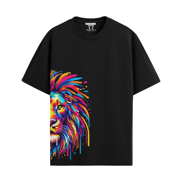 Trendy Togs Colourful Half Lion Cotton Oversized T-shirt - S, Black