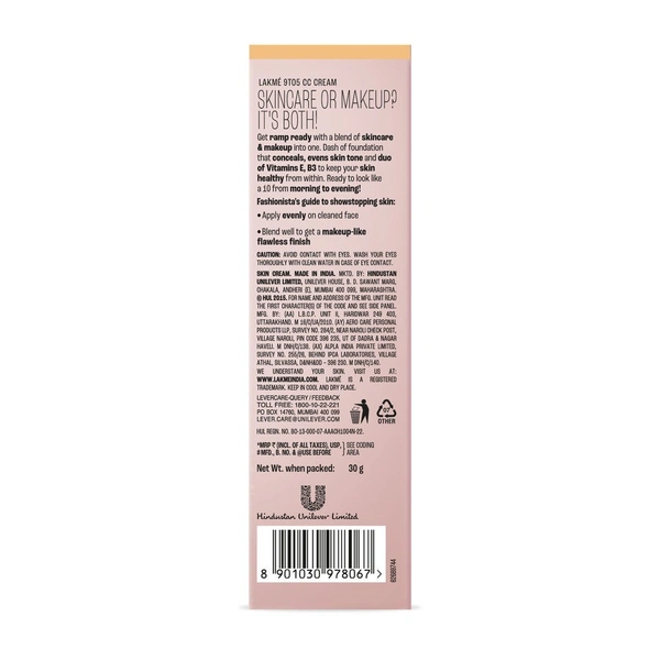 Lakme 9 to 5 Cc Cream with SPF30 PA++ shade 03 brozer ,30 gm 
