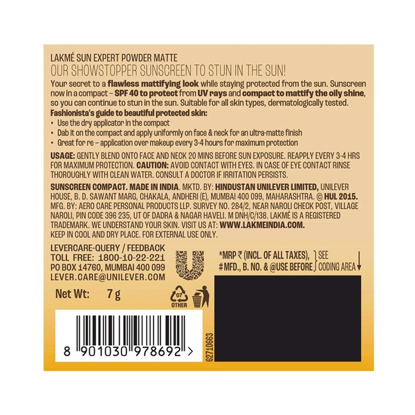 Lakme Sun Expert SPF 40 PA+++ Ultra Matte Compact,7gm 