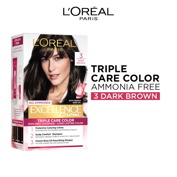 Loreal Paris Excellence Creme Hair Color - 3 Dark Brown (72ml + 100g)