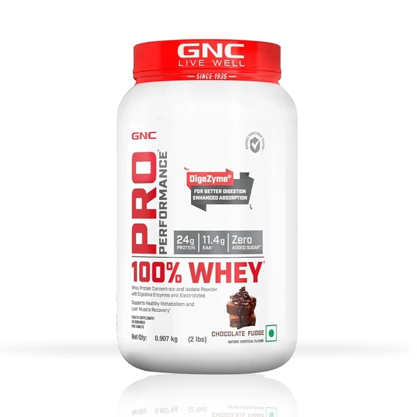 GNC Pro Performance 100% Whey Protein | Muscle Growth | Muscle Recovery | DigeZyme® For Easy Digestion | Informed Choice Certified | 24g Protein | 5.5g BCAA - 25 Servings, Chocolate Fudge, 2 lbs