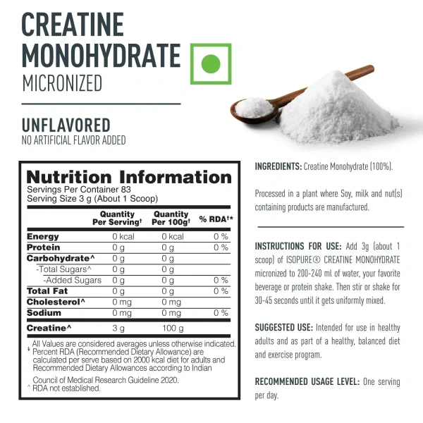 Isopure 100% Creatine Monohydrate Micronized, 250g - 83 Servings - Unflavoured