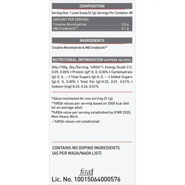 MuscleBlaze Creatine Monohydrate CreAMP - 80 Servings - Unflavoured