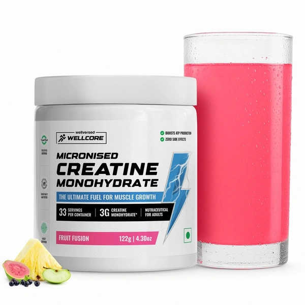 Wellcore Pure Micronised Creatine Powder For Enhanced Muscle Strength With Rapid Absorption | Creatine Monohydrate | Wellcore Creatine Flavoured - 33 Servings, Fruit Fusion, 122gm