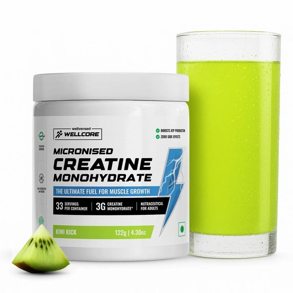 Wellcore Pure Micronised Creatine Powder For Enhanced Muscle Strength With Rapid Absorption | Creatine Monohydrate | Wellcore Creatine Flavoured - 33 Servings, Kiwi Kick, 122gm