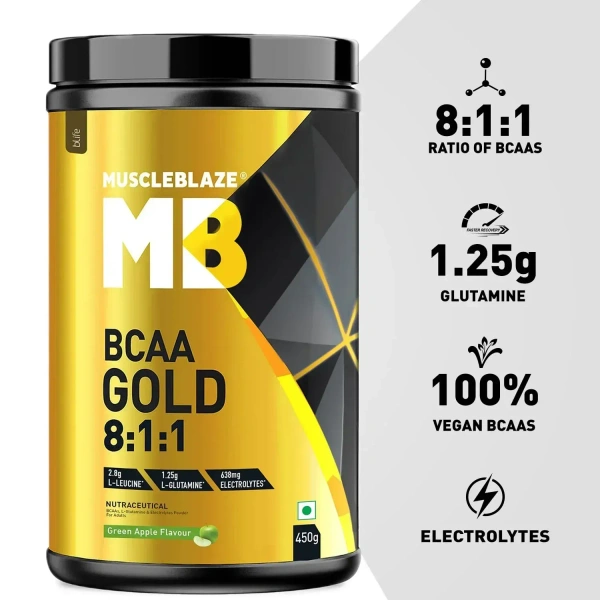 MuscleBlaze BCAA Gold 8:1:1 Powder, Raspberry Lemonade (60 Servings, 450g) | With Higher Leucine, Electrolytes & Glutamine - Raspberry Lemonade, 450gm