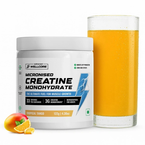 Wellcore Pure Micronised Creatine Powder For Enhanced Muscle Strength With Rapid Absorption | Creatine Monohydrate | Wellcore Creatine Flavoured - 33 Servings, Tropical Tango, 122gm