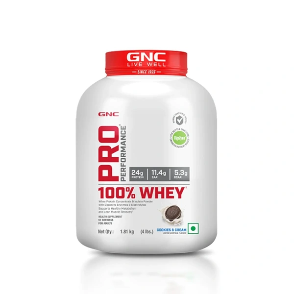 GNC Pro Performance 100% Whey Protein | Muscle Growth | Muscle Recovery | DigeZyme® For Easy Digestion | Informed Choice Certified | 24g Protein | 5.5g BCAA - 51 Servings, Cookies & Cream, 4 Lbs