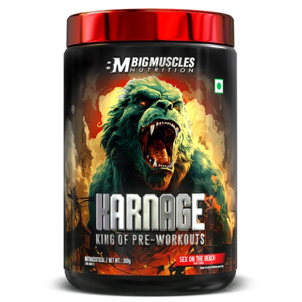 Big Muscle Bigmuscles Nutrition Karnage Pre workout| Pre-workout Supplement Supports to Improve Focus, Strength, Energy and Pump, Banned Substance Tested, Dope Free - 60 Servings, Sex On the Beach, 300