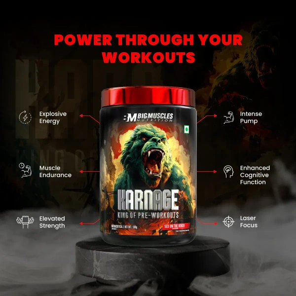 Big Muscle Bigmuscles Nutrition Karnage Pre workout| Pre-workout Supplement Supports to Improve Focus, Strength, Energy and Pump, Banned Substance Tested, Dope Free - 60 Servings, Sex On the Beach, 300