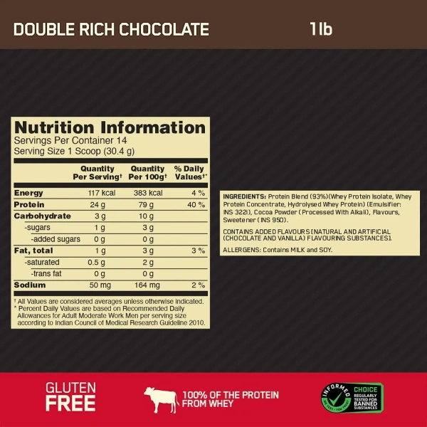 Optimum Nutrition (ON) Gold Standard 100% Whey 1 Lbs - Double Rich Chocolate