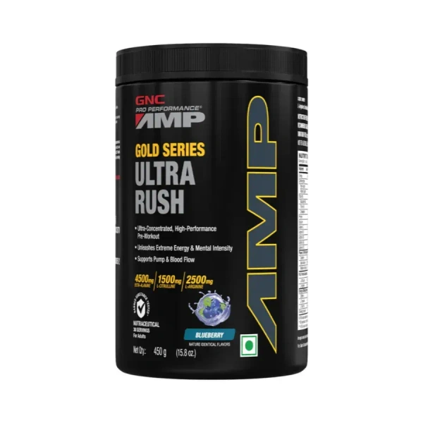 GNC Pro Performance AMP Gold Series Ultra Rush Pre Workout- 30 Servings - Blueberry