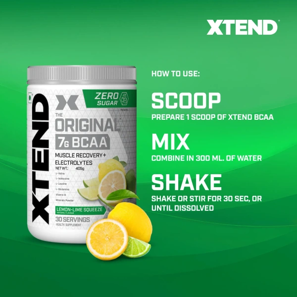 Xtend Scivation Bcaas Powder For Adults (Pre-Workout, 7G Bcaas, 0G Carbs,Sugar & Calories, 3.5 Leucine, 2.5G L-Glutamine, 1G Citrulline Malate) - 30 Servings - Lemon Lime Sqeeze, 402gm