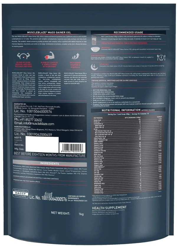 MuscleBlaze XXL MASS Gainer, 2.2 Lbs - Chocolate