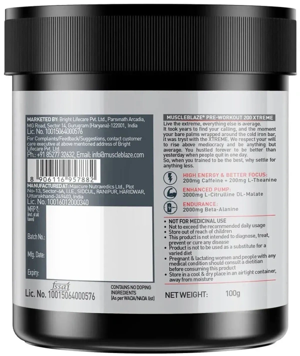 Muscle Blaze MuscleBlaze PRE Workout 200 Xtreme, 100 g - 15 Servings - Berry Bolt