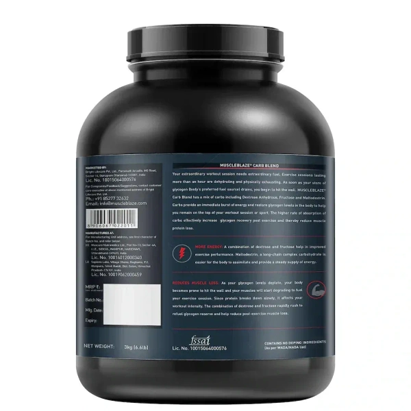 MuscleBlaze Carb Blend - 3 kg (with Instant Energy Formula) - Unflavoured