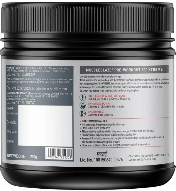 Muscle Blaze MuscleBlaze PRE Workout 200 Xtreme, 200 g - 30 Servings - Berry Bolt