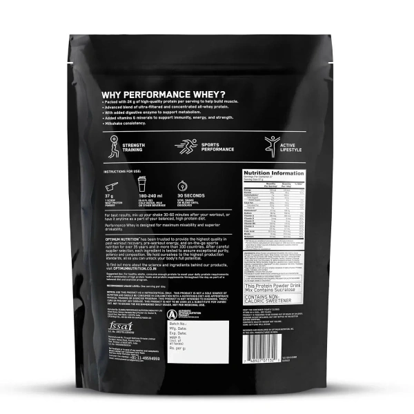 Optimum Nutrition (ON) Performance Whey Protein Powder , 1 kg - Chocolate Milkshake