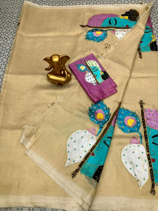 *Material*:Mangalagiri pattu by cotton

*Model*:Mgl plain kantara hand painted pattu saree with extra raw silk blouse

Running pallu and blouse - Salomie, Free Size