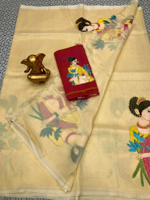 *Material*:Mangalagiri pattu by cotton

*Model*:Mgl plain kantara hand painted pattu saree with extra raw silk blouse

Running pallu and blouse - Salomie, Free Size