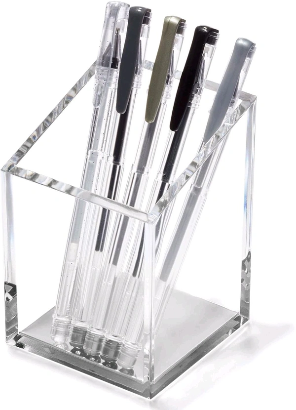Pack of 2 Acrylic Pen & Pencil Holder - Modern Beautiful Desk Organizer for Home or Office - Contrasting Metal Base - 3" Square w/ 3..0" Front & 4.0" Back - Gold Base - Silver