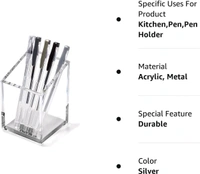 Pack of 2 Acrylic Pen & Pencil Holder - Modern Beautiful Desk Organizer for Home or Office - Contrasting Metal Base - 3" Square w/ 3..0" Front & 4.0" Back - Gold Base - Silver