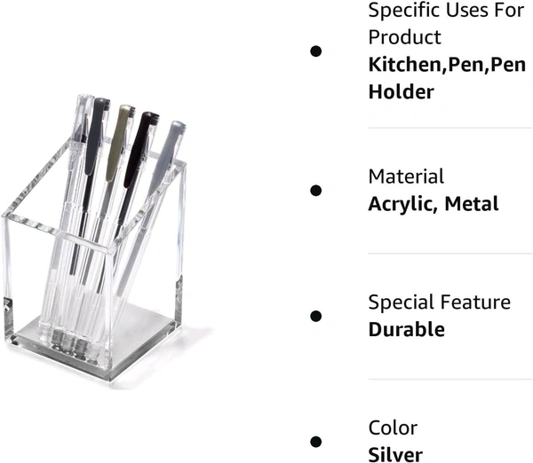 Pack of 2 Acrylic Pen & Pencil Holder - Modern Beautiful Desk Organizer for Home or Office - Contrasting Metal Base - 3" Square w/ 3..0" Front & 4.0" Back - Gold Base - Silver