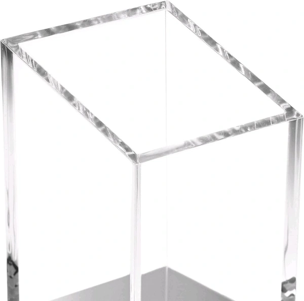 Pack of 2 Acrylic Pen & Pencil Holder - Modern Beautiful Desk Organizer for Home or Office - Contrasting Metal Base - 3" Square w/ 3..0" Front & 4.0" Back - Gold Base - Silver