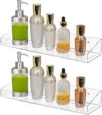 Acrylic Floating Wall Display Shelves,Clear Bathroom Shelves, Wall Mounted Non Drilling Thick Clear Storage, Display Shelves