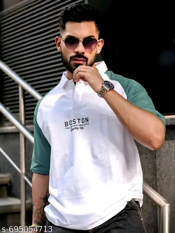 GARBLY POLO NECK
COLORBLOCKED OVERSIZED 3/4
SLEEVE COTTON BLEND TSHIRT FOR
MEN
