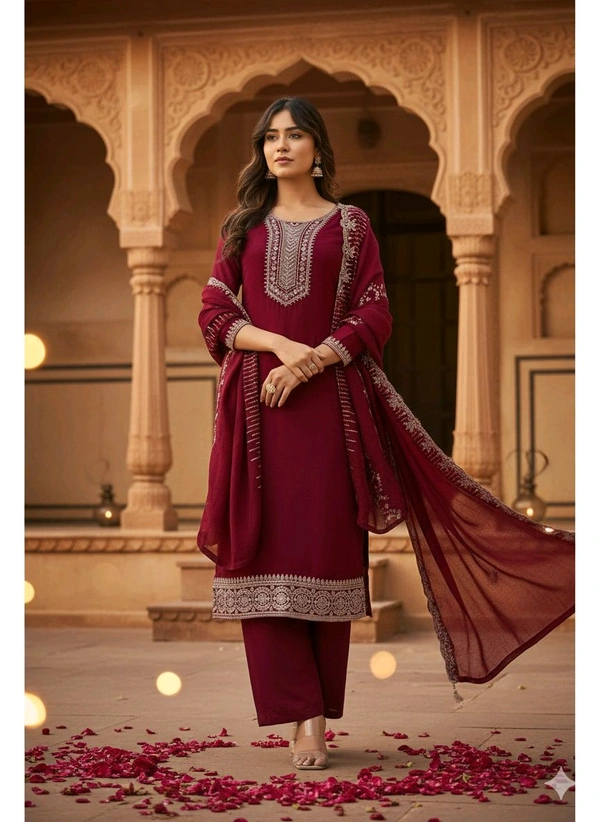 Elysian Maroon Heritage Suit Set | Premium Embroidered Cotton Kurta with Dupatta & Pant | Traditional yet Modern Indian Outfit for Every Occasion - Maroon, XXL