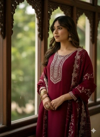 Elysian Maroon Heritage Suit Set | Premium Embroidered Cotton Kurta with Dupatta & Pant | Traditional yet Modern Indian Outfit for Every Occasion - Maroon, XXL