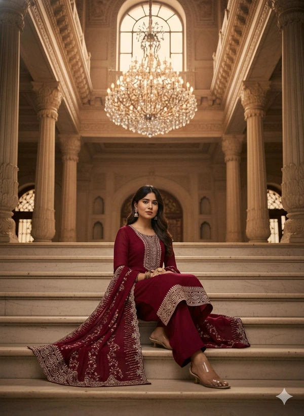 Elysian Maroon Heritage Suit Set | Premium Embroidered Cotton Kurta with Dupatta & Pant | Traditional yet Modern Indian Outfit for Every Occasion - Maroon, XXL