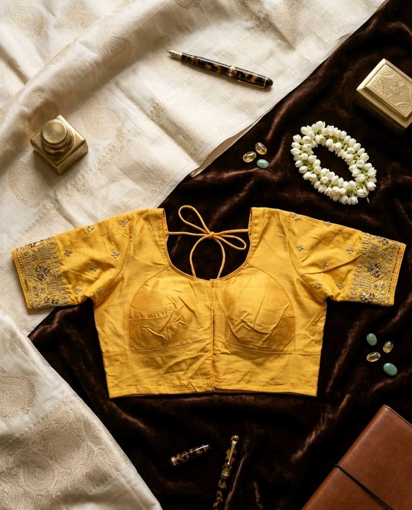 Golden Embroidered Silk Saree Blouse for Women – Designer Short Sleeve Blouse - 34 size, Gold