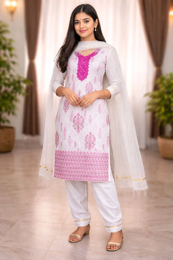 Elegant White & Pink Cotton Churidar Set with V-Neck Front & Round Back Neck - XXL