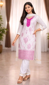 Elegant White & Pink Cotton Churidar Set with V-Neck Front & Round Back Neck - XXL