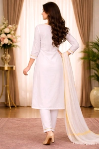 Elegant White & Pink Cotton Churidar Set with V-Neck Front & Round Back Neck - XXL