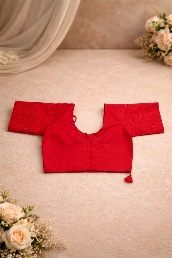 Red Cotton Chikankari Blouse with Sequin Work – Round Neck Front & Back - 32 size