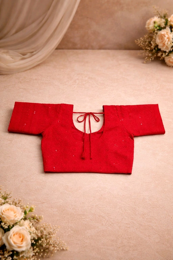 Red Cotton Chikankari Blouse with Sequin Work – Round Neck Front & Back - 32 size