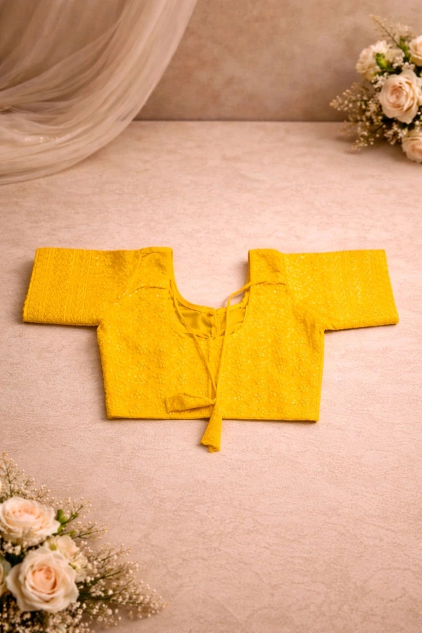 Yellow Cotton Chikankari Blouse with Sequin Work – Round Neck Front & Back (Size 32)