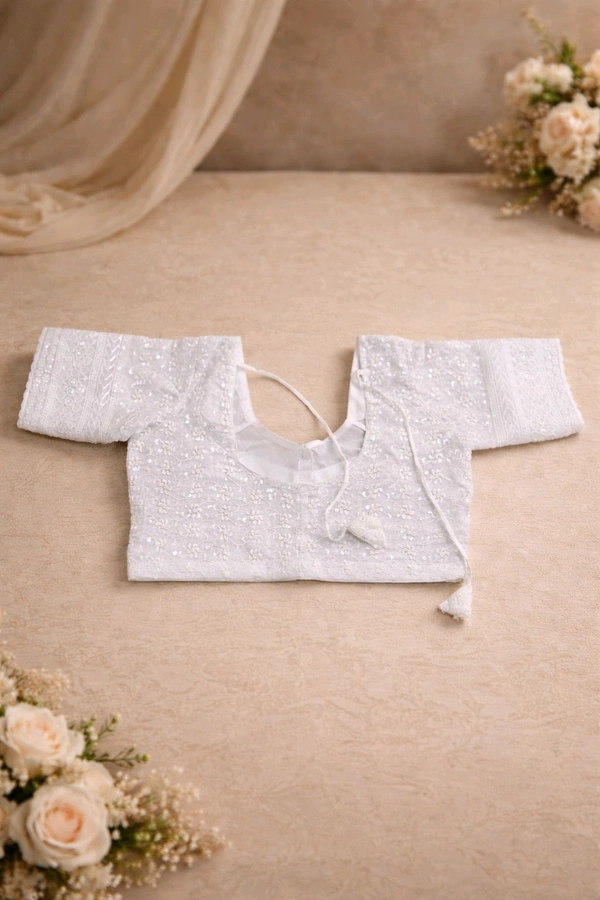 Elegant White Cotton Chikankari Blouse with Sequin Work - 32 size