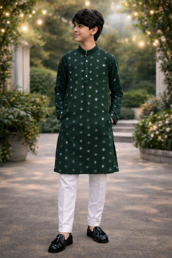 Boys Cyprus Green Kurta with Sequin Work | Size 32 | Sleeve Length 34 Inch Round | Ethnic Wear for Boys - 32, Cyprus